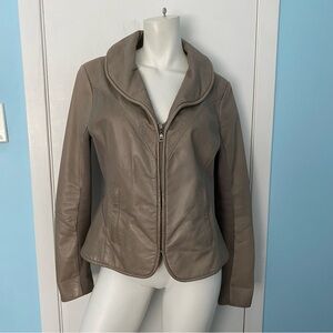Taupe Leather jacket with some fabric panelling on the side of the bodice & arms